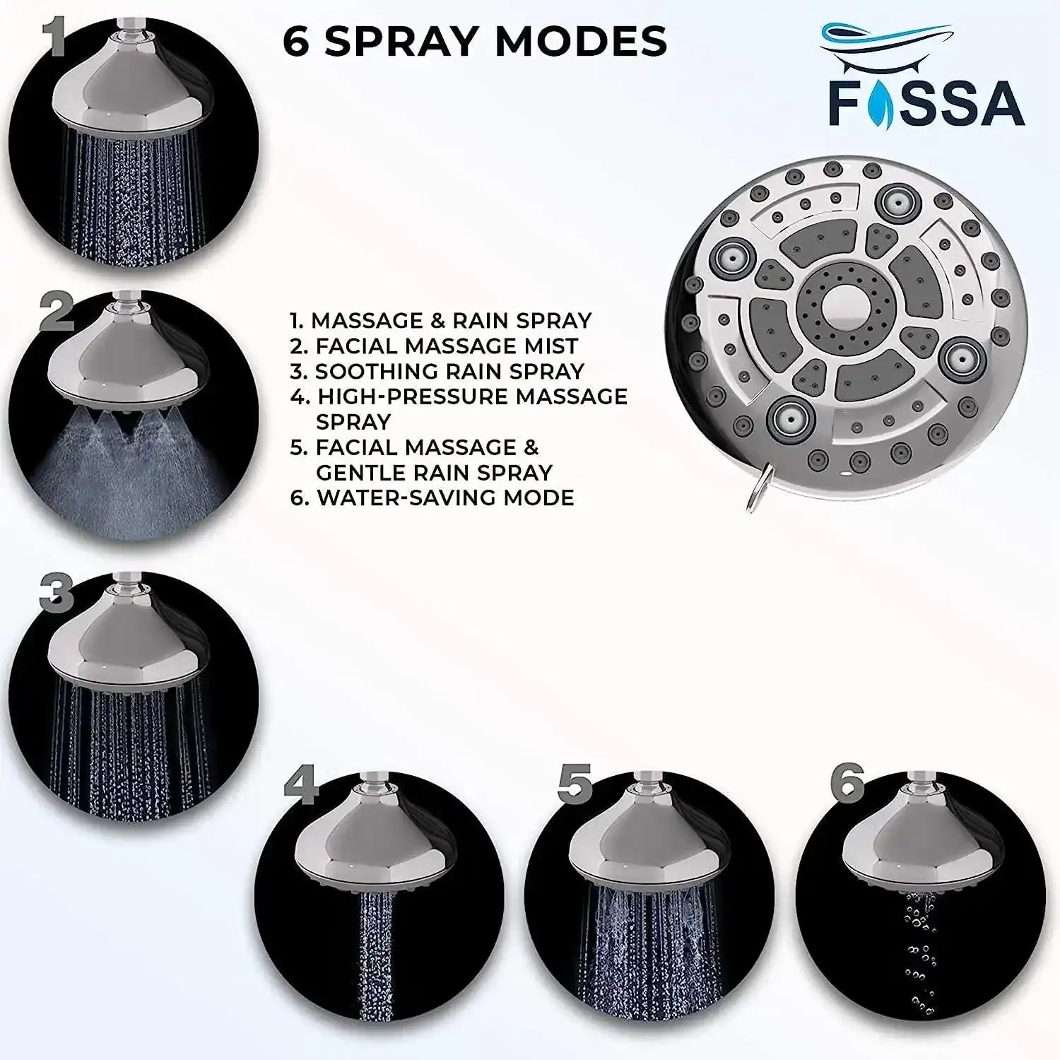 Fossa Fixed Shower Head | High Pressure Showerhead 6 Spray Settings 5 inch Adjustable Shower Head Saturating Massage bubbling saturating & Massage saturating & bubbling Water Saving Spray Fossa Home