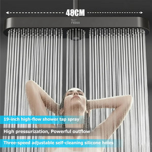 Fossa Helios ABS Shower Head 48cm, Luxury Rainfall Overhead Shower for Bathroom, 3 Water Flow Modes, High Pressure Air Boost, 360° Rotation, Self-Cleaning Silicone Nozzles, Durable Black - Fossa Home 