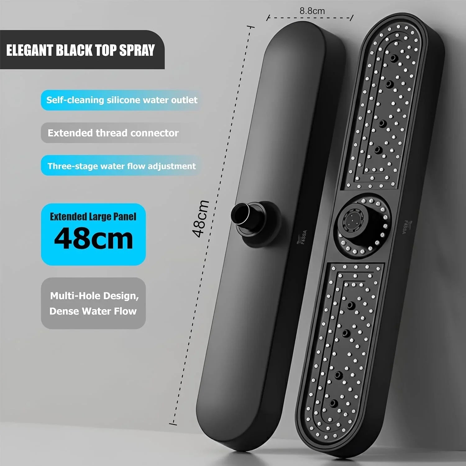 Fossa Helios ABS Shower Head 48cm, Luxury Rainfall Overhead Shower for Bathroom, 3 Water Flow Modes, High Pressure Air Boost, 360° Rotation, Self-Cleaning Silicone Nozzles, Durable Black - Fossa Home 