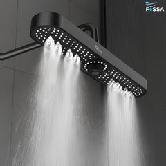 Fossa Helios ABS Shower Head 48cm, Luxury Rainfall Overhead Shower for Bathroom, 3 Water Flow Modes, High Pressure Air Boost, 360° Rotation, Self-Cleaning Silicone Nozzles, Durable Black - Fossa Home 