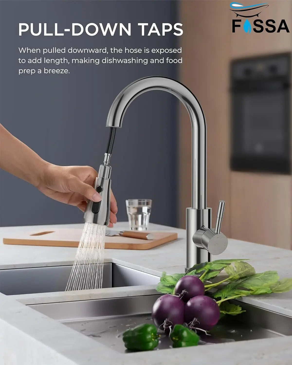 Fossa Heavy SUS 304 Stainless Steel Silver Single Lever Sink Hot & Cold Water Mixer Pull Down Tap Kitchen Sink Faucet with Pull Out Sprayer for Chrome Finish (Heavy) Fossa Home