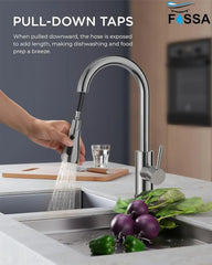 Fossa Heavy SUS 304 Stainless Steel Silver Single Lever Sink Hot & Cold Water Mixer Pull Down Tap Kitchen Sink Faucet with Pull Out Sprayer for Chrome Finish (Heavy) Fossa Home