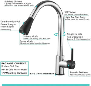 Fossa Kitchen Sink Mixer Tap with Pull Down Sprayer, Single Handle High Pull Out Kitchen Taps, Single Level Stainless Steel (Black Chrome) Fossa Home