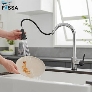 Fossa Kitchen Sink Mixer Tap with Pull Down Sprayer, Single Handle High Pull Out Kitchen Taps, Single Level Stainless Steel (Black Chrome) Fossa Home