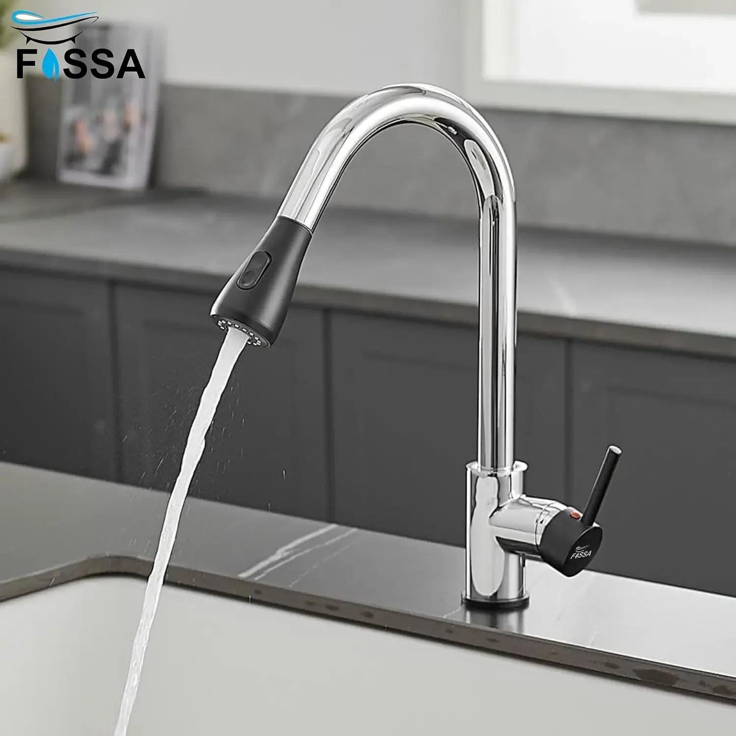 Fossa Kitchen Sink Mixer Tap with Pull Down Sprayer, Single Handle High Pull Out Kitchen Taps, Single Level Stainless Steel (Black Chrome) Fossa Home