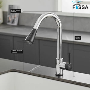 Fossa Kitchen Sink Mixer Tap with Pull Down Sprayer, Single Handle High Pull Out Kitchen Taps, Single Level Stainless Steel (Black Chrome) Fossa Home