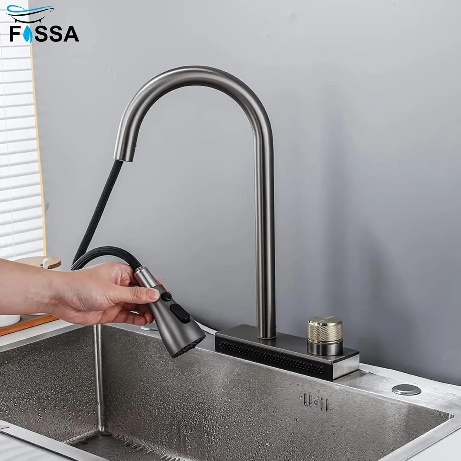 Wainfall Kitchen Sink Faucet Pull Out Four Water Outlet Modes Cold and Hot Can Rotate TAP ( Grey ) Fossa Home