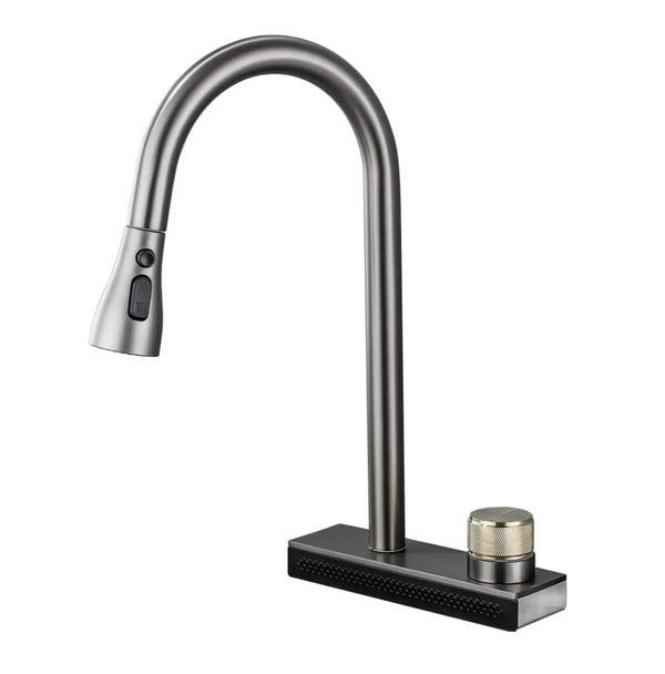 Rainfall Pull Out Four-Flow 360° Hot & Cold Stainless Steel Kitchen Mixer Faucet Black Grey - Fossa Home 