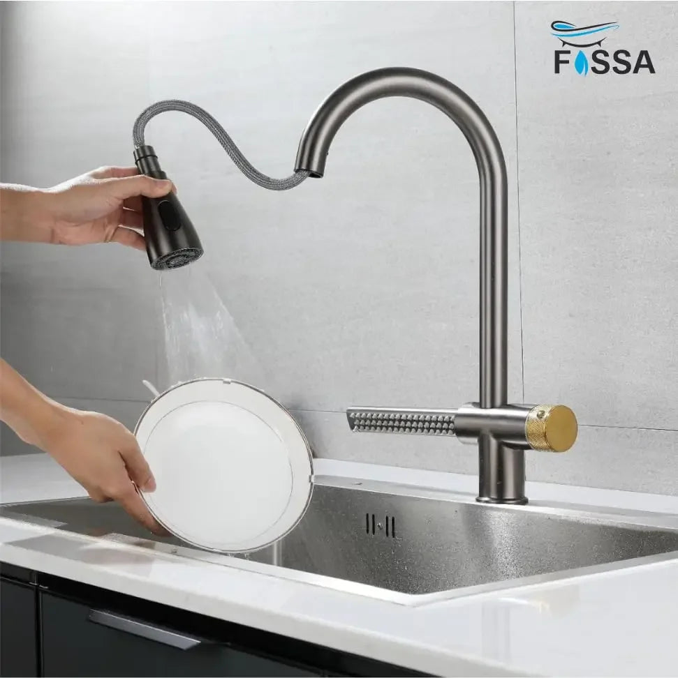 Fossa Kitchen faucets with Pull Down Sprayer with Waterfall Shower Stainless Steel Single Hole Hot and Cold Water Swivel Pull Down Kitchen Faucet-Grey Black (Grey Black) Fossa Home