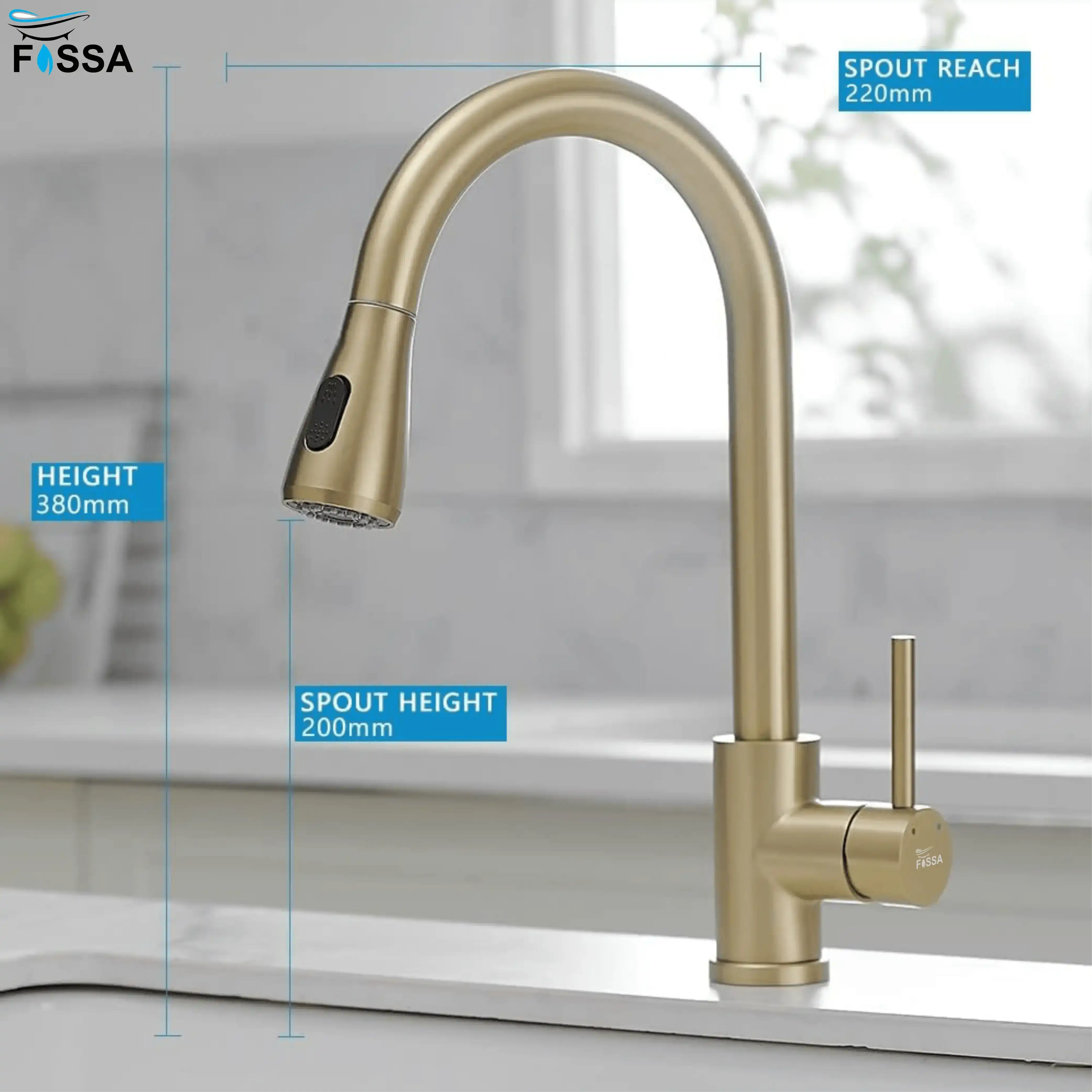 Fossa Kitchen Sink Mixer Tap with Pull Down Sprayer, Single Handle High Pull Out Kitchen Taps, Single Level Stainless Steel Gold ( Light Weight ) Fossa Home