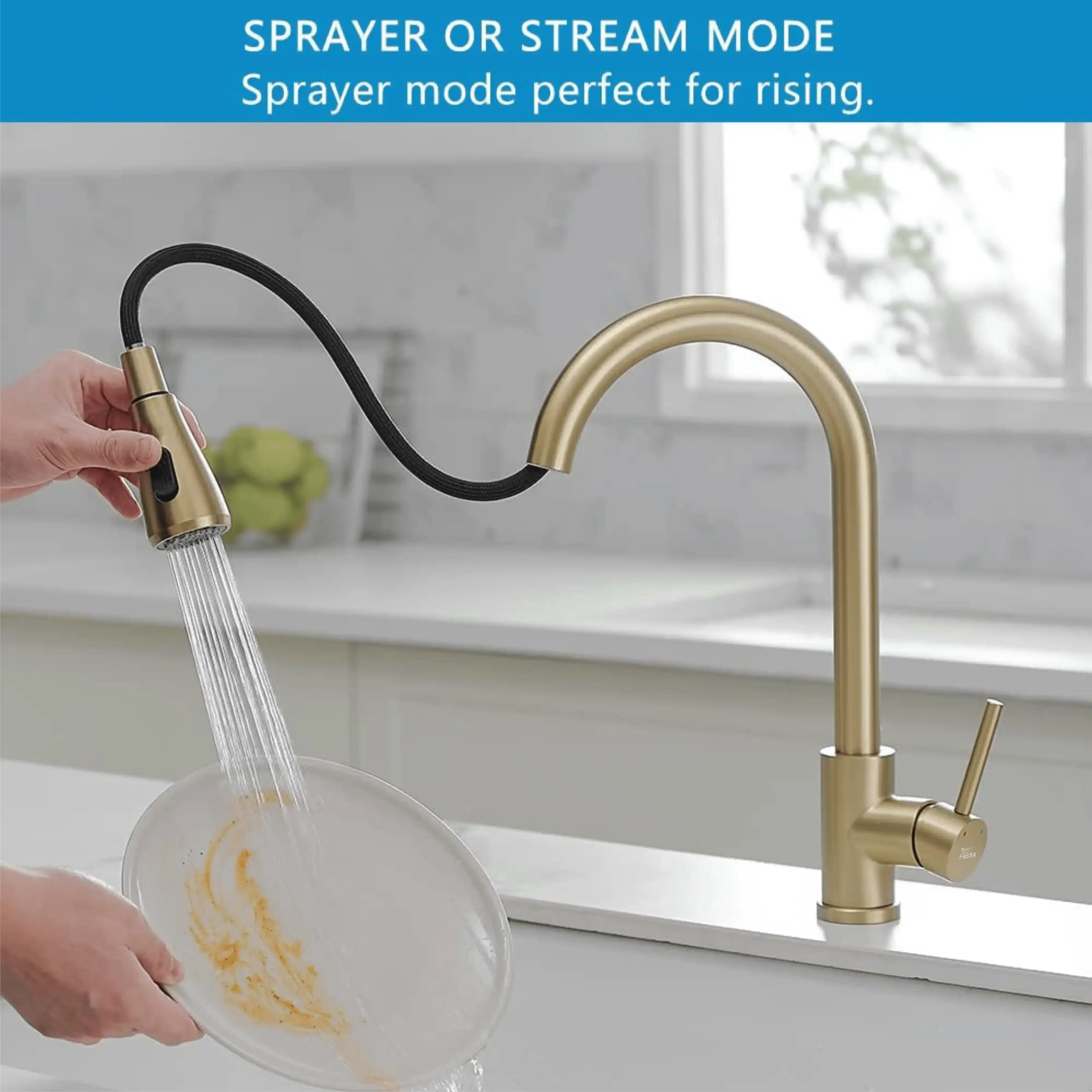 Fossa Kitchen Sink Mixer Tap with Pull Down Sprayer, Single Handle High Pull Out Kitchen Taps, Single Level Stainless Steel Gold ( Light Weight ) Fossa Home