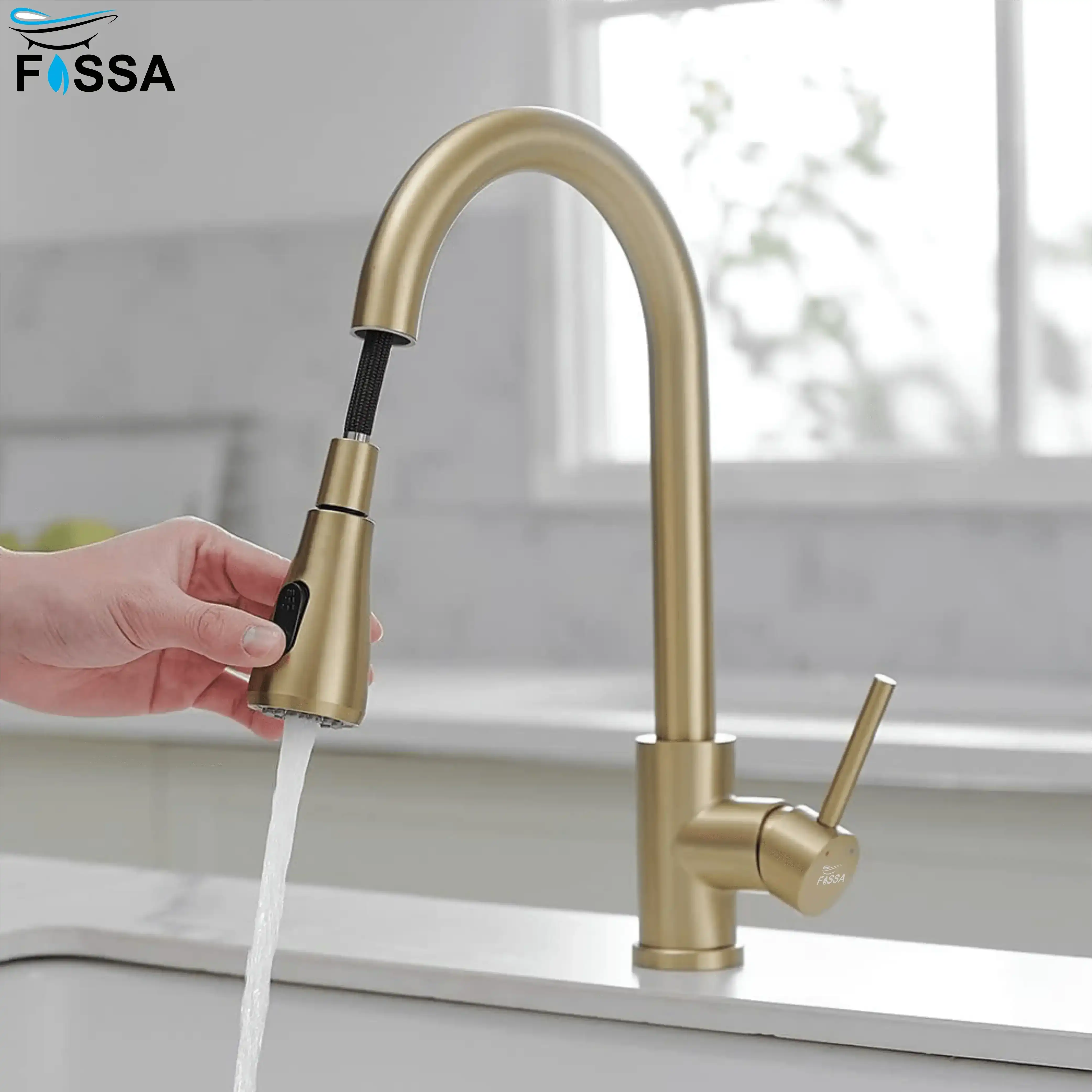 Fossa Kitchen Sink Mixer Tap with Pull Down Sprayer, Single Handle High Pull Out Kitchen Taps, Single Level Stainless Steel Gold ( Light Weight ) Fossa Home