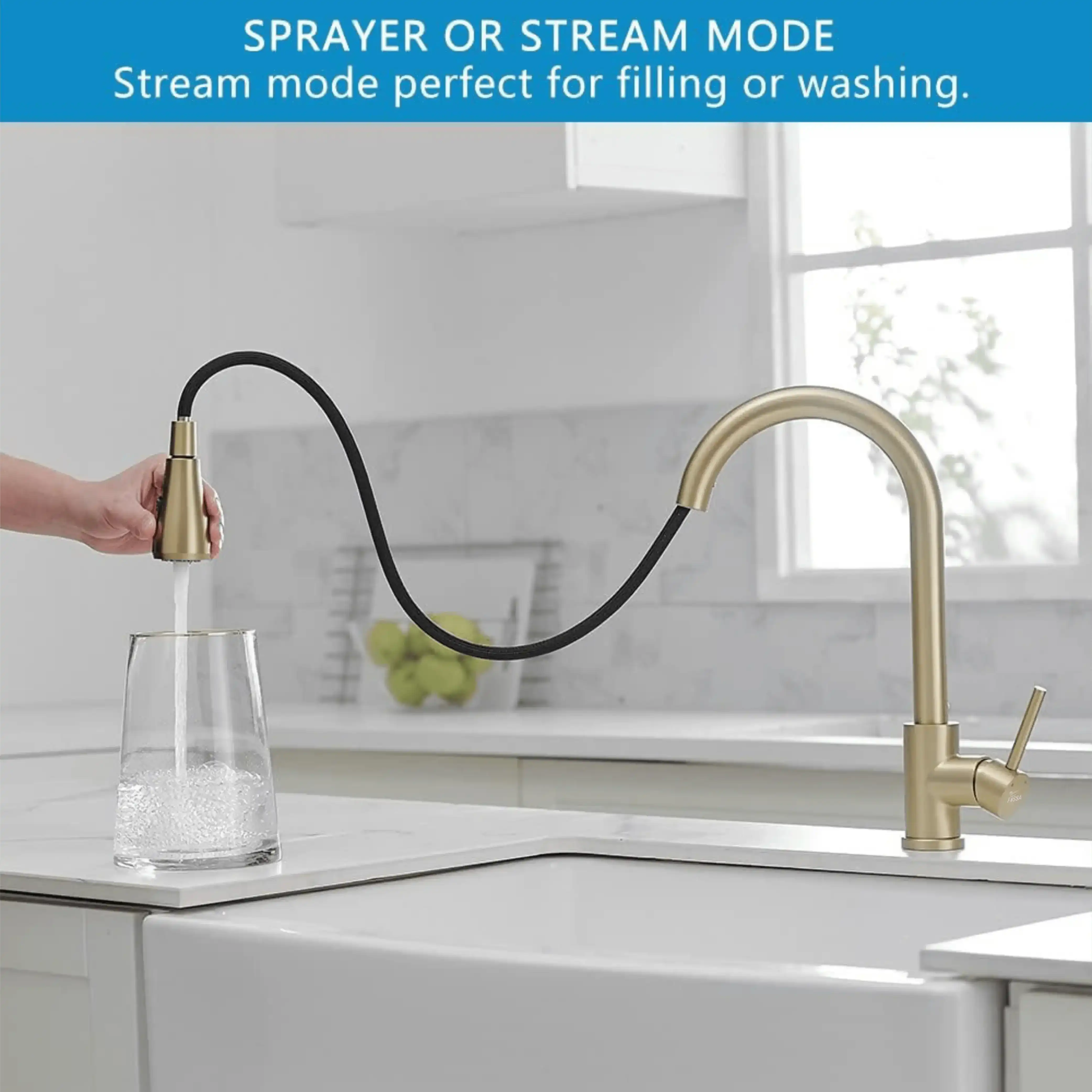 Fossa Kitchen Sink Mixer Tap with Pull Down Sprayer, Single Handle High Pull Out Kitchen Taps, Single Level Stainless Steel Gold ( Light Weight ) Fossa Home