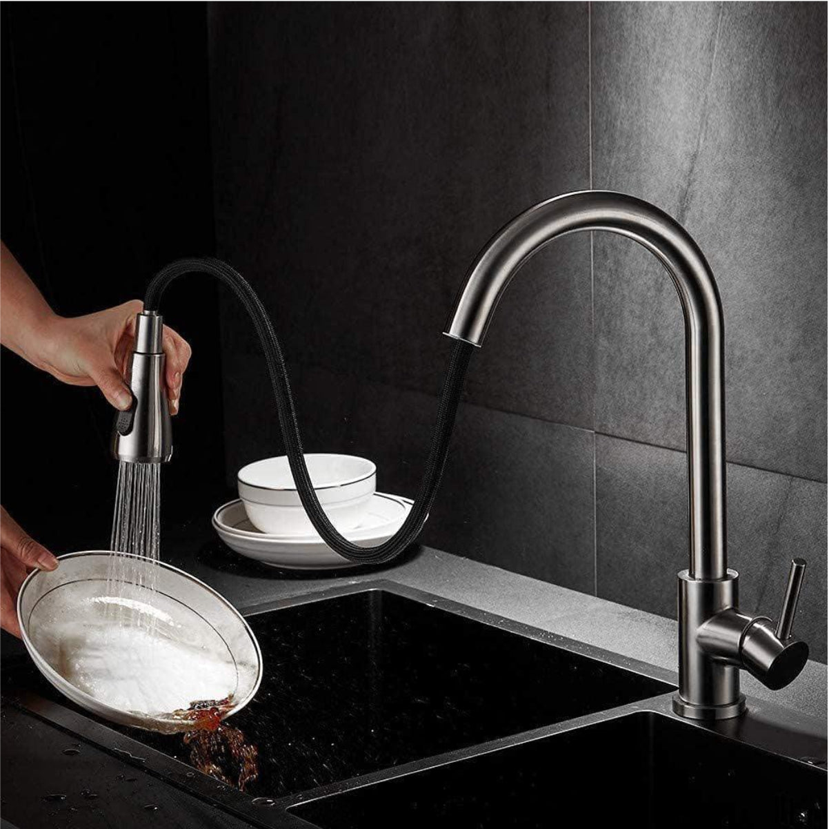 Fossa Kitchen Sink Mixer Tap with Pull Down Sprayer, Single Handle High Pull Out Kitchen Taps, Single Level Stainless Steel (Silver) - Fossa Home 