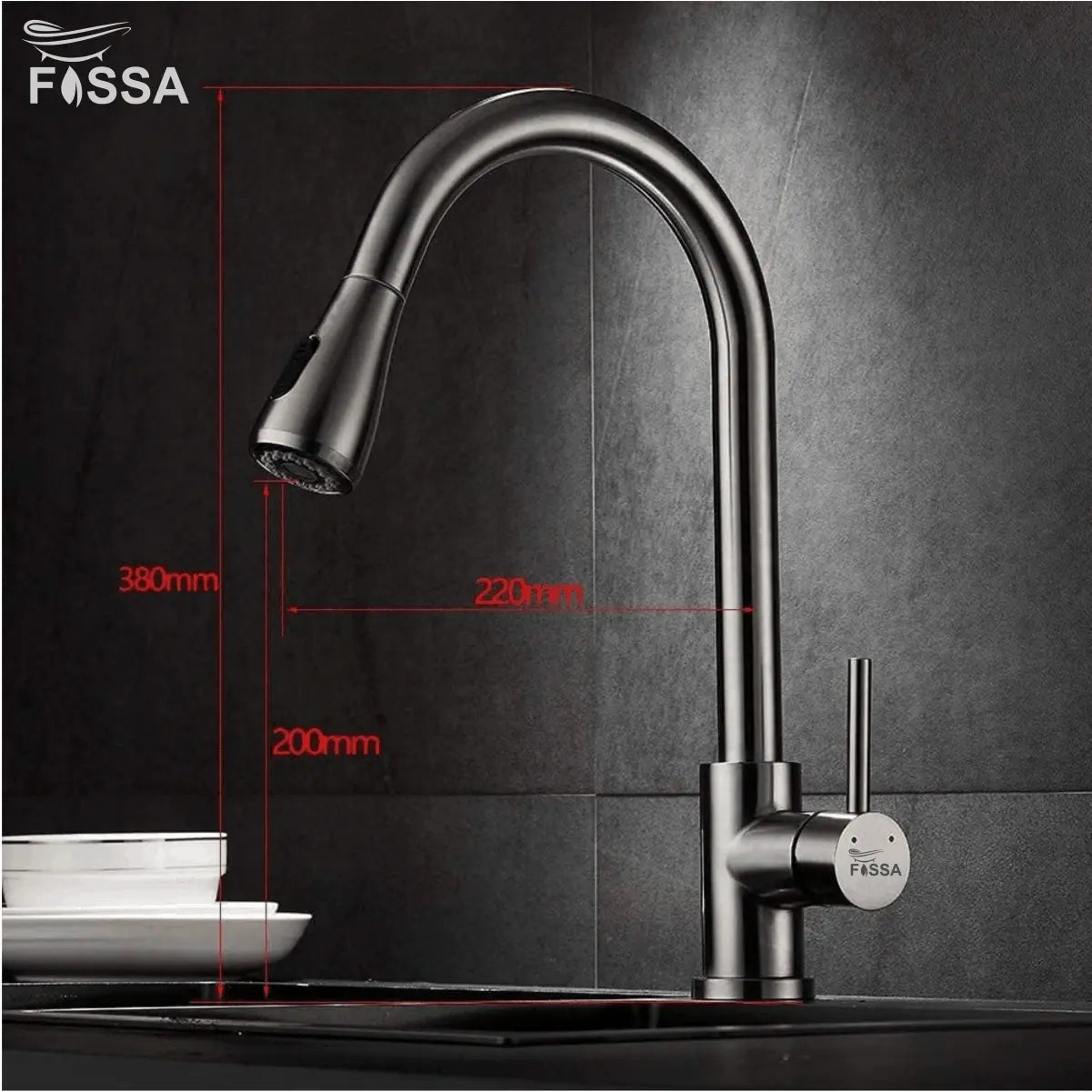 Fossa Kitchen Sink Mixer Tap with Pull Down Sprayer, Single Handle High Pull Out Kitchen Taps, Single Level Stainless Steel Silver ( Heavy weight ) Fossa Home