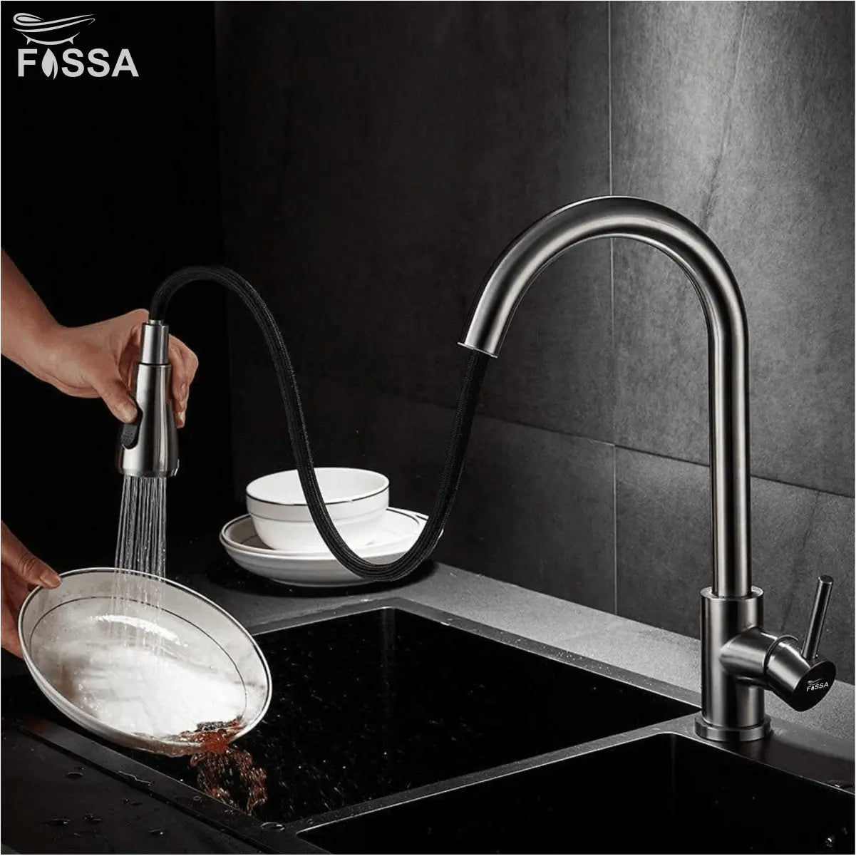 Fossa Kitchen Sink Mixer Tap with Pull Down Sprayer, Single Handle High Pull Out Kitchen Taps, Single Level Stainless Steel Silver ( Heavy weight ) Fossa Home