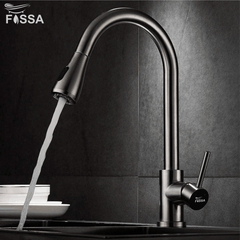 Fossa Kitchen Sink Mixer Tap with Pull Down Sprayer, Single Handle High Pull Out Kitchen Taps, Single Level Stainless Steel (Silver) - Fossa Home 