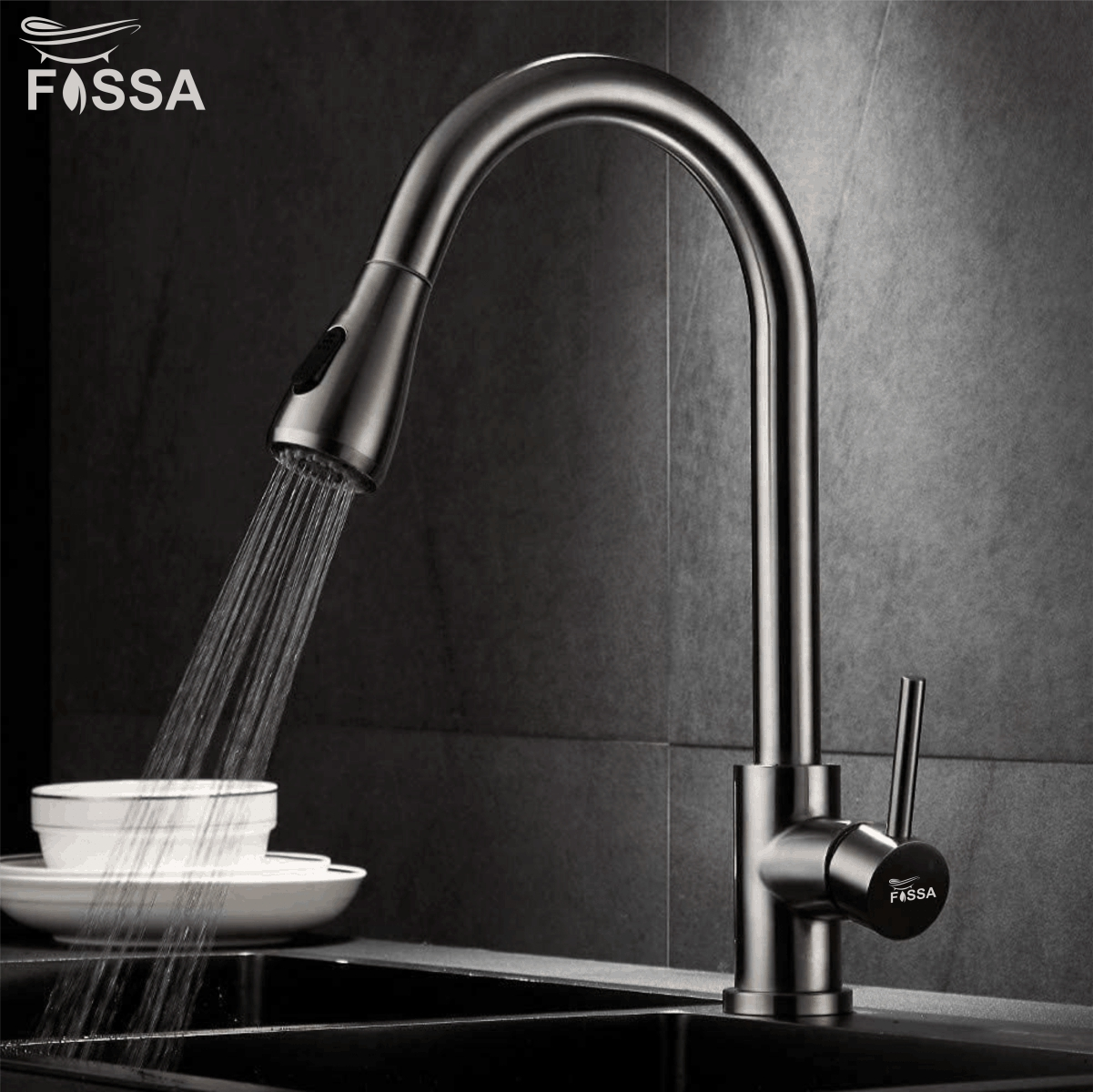Fossa Kitchen Sink Mixer Tap with Pull Down Sprayer, Single Handle High Pull Out Kitchen Taps, Single Level Stainless Steel (Silver) - Fossa Home 