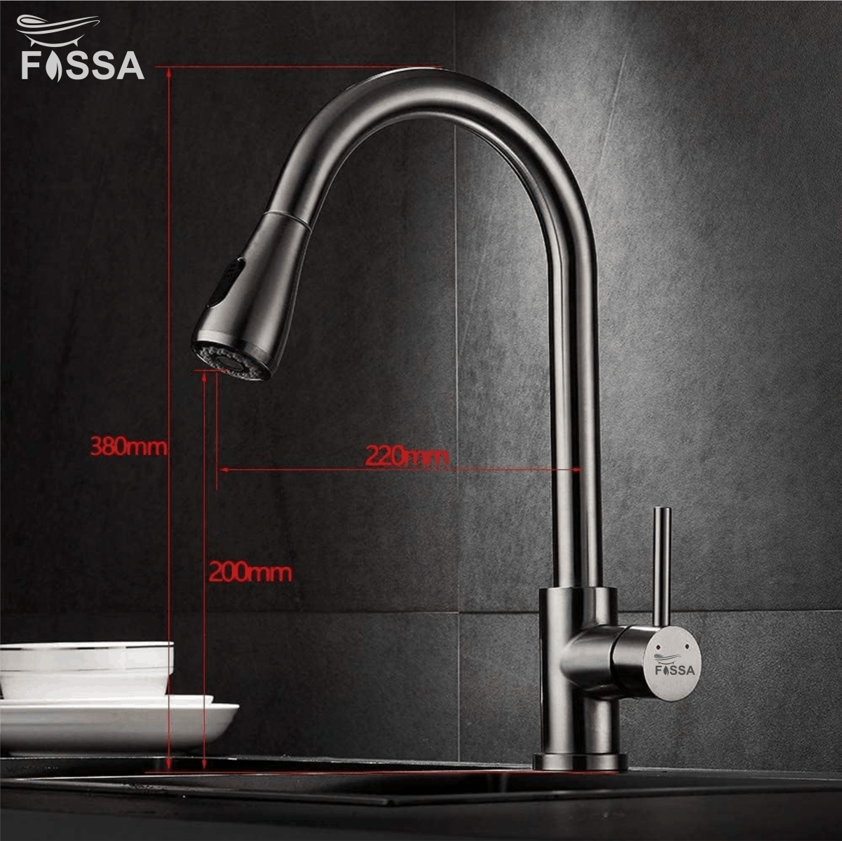 Fossa Kitchen Sink Mixer Tap with Pull Down Sprayer, Single Handle High Pull Out Kitchen Taps, Single Level Stainless Steel (Silver) - Fossa Home 