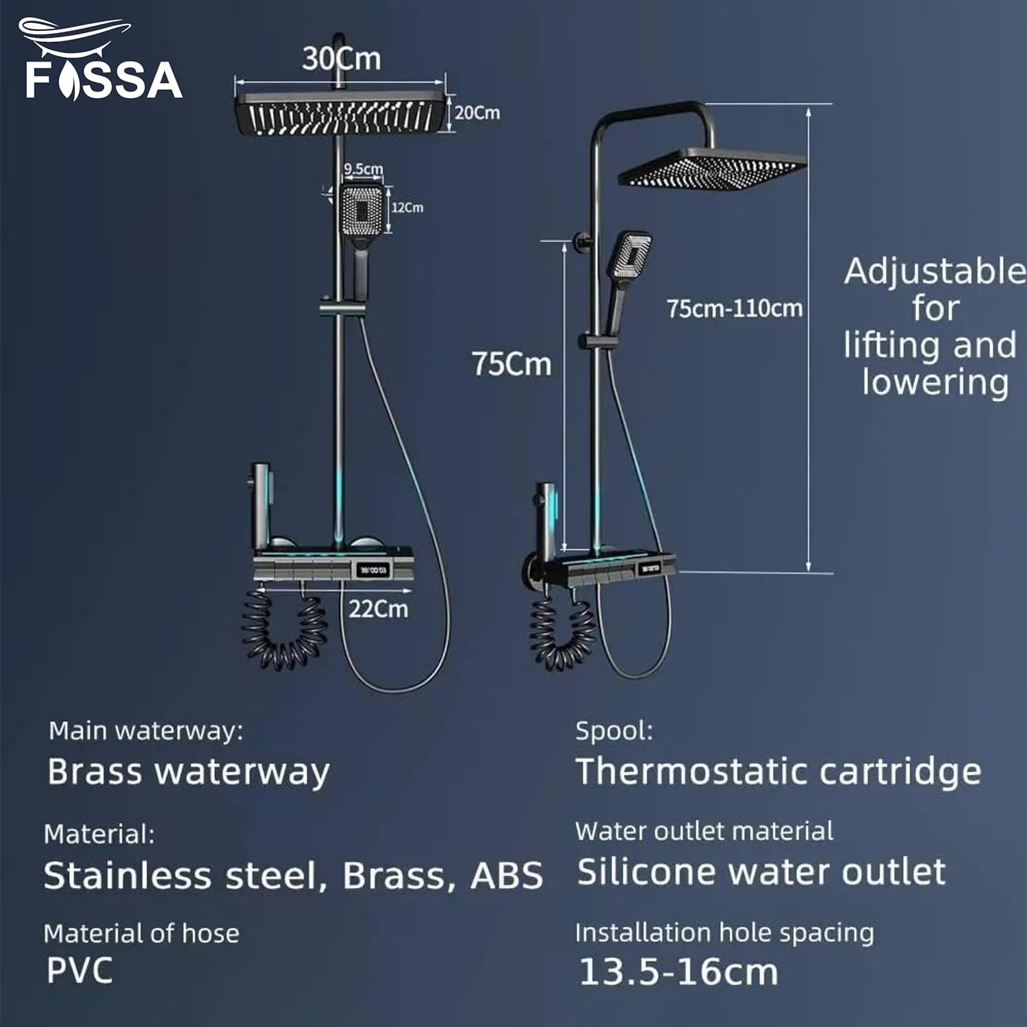 Fossa Brass Thermostatic LED Shower Panel Full Set Temperature Display Shower Set 4 Function, Mixer Shower System, Hand shower, Overhead Shower, Jet Spray For Bathroom Shower Set (Grey) - Fossa Home 