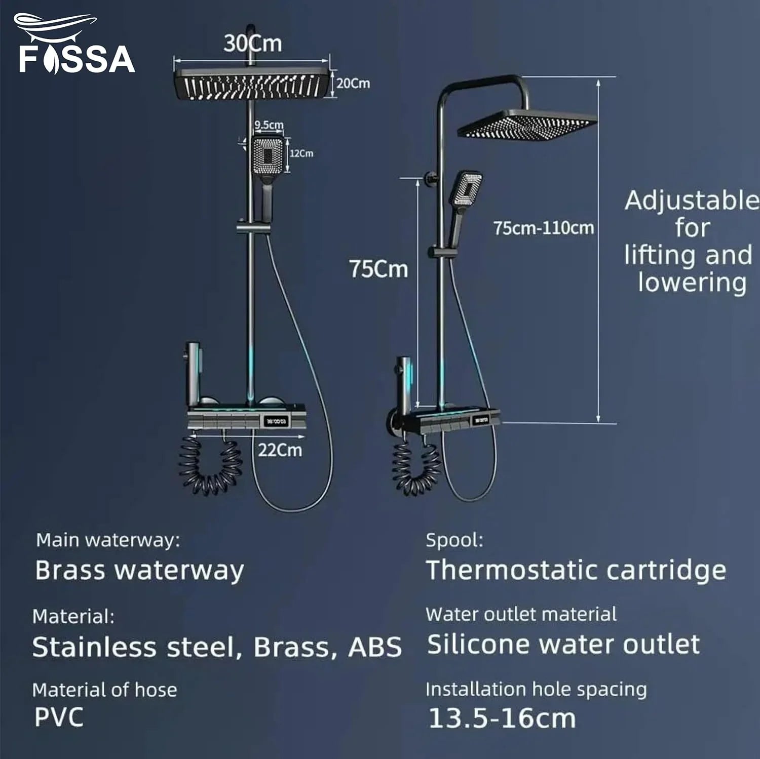 Fossa Brass Thermostatic LED Shower Panel Full Set Temperature Display Shower Set 4 Function, Mixer Shower System, Hand shower, Overhead Shower, Jet Spray For Bathroom Shower Set (Grey) - Fossa Home 