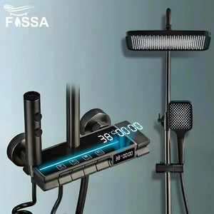 Fossa Brass Thermostatic LED Shower Panel Full Set Temperature Display Shower Set 4 Function, Mixer Shower System, Hand shower, Overhead Shower, Jet Spray For Bathroom Shower Set (Grey) - Fossa Home 