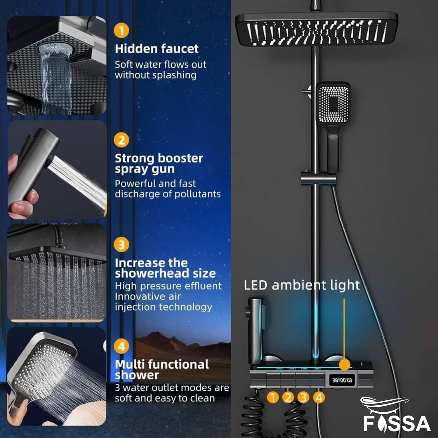 Fossa Brass Thermostatic LED Shower Panel Full Set Temperature Display Shower Set 4 Function, Mixer Shower System, Hand shower, Overhead Shower, Jet Spray For Bathroom Shower Set (Grey) - Fossa Home 