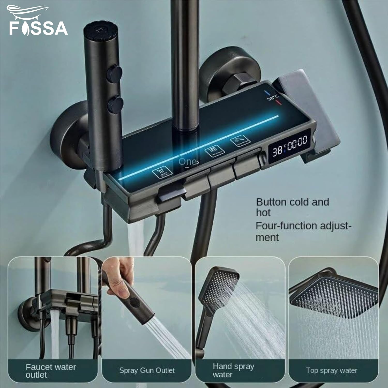 Fossa Brass Thermostatic LED Shower Panel Full Set Temperature Display Shower Set 4 Function, Mixer Shower System, Hand shower, Overhead Shower, Jet Spray For Bathroom Shower Set (Grey) - Fossa Home 