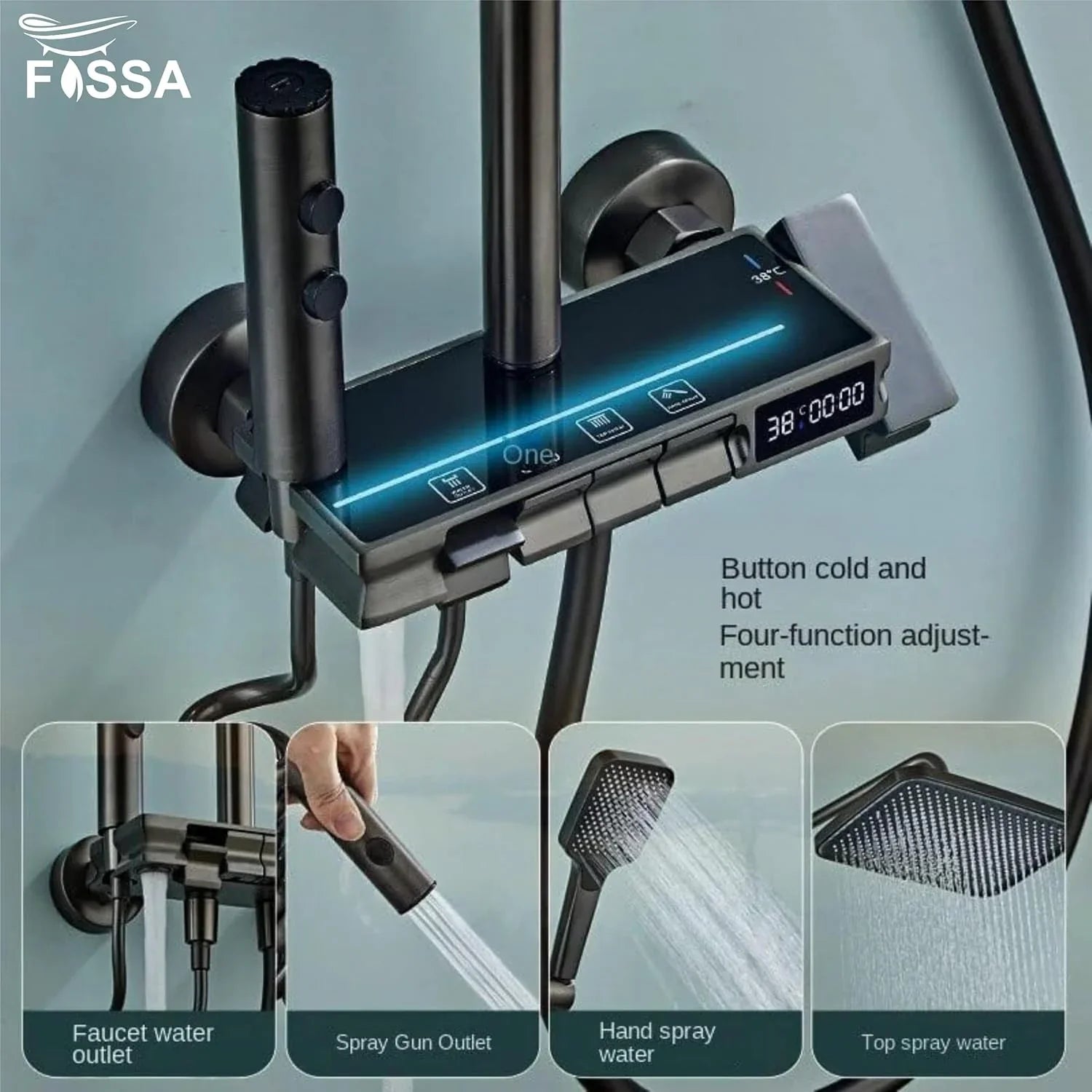 Fossa Brass Thermostatic LED Shower Panel Full Set Temperature Display Shower Set 4 Function, Mixer Shower System, Hand shower, Overhead Shower, Jet Spray For Bathroom Shower Set (Grey) - Fossa Home 