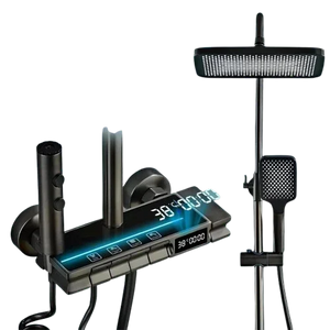 Fossa Brass Thermostatic LED Shower Panel Full Set Temperature Display Shower Set 4 Function, Mixer Shower System, Hand shower, Overhead Shower, Jet Spray For Bathroom Shower Set (Grey) - Fossa Home 