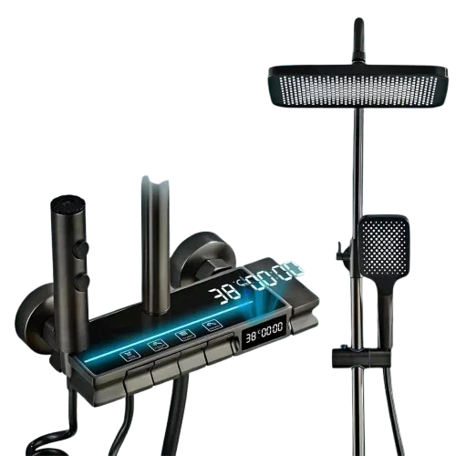 Fossa Brass Thermostatic LED Shower Panel Full Set Temperature Display Shower Set 4 Function, Mixer Shower System, Hand shower, Overhead Shower, Jet Spray For Bathroom Shower Set (Grey) - Fossa Home 