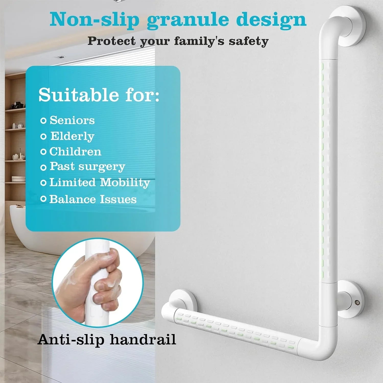 Fossa L-Shaped Stainless Steel 90° Anti-Slip Nylon Grip Grab Bar – Wall Mounted Safety Bar for Bathroom | Toilet Grab Bar for Elderly & Senior Citizens | White - Fossa Home 