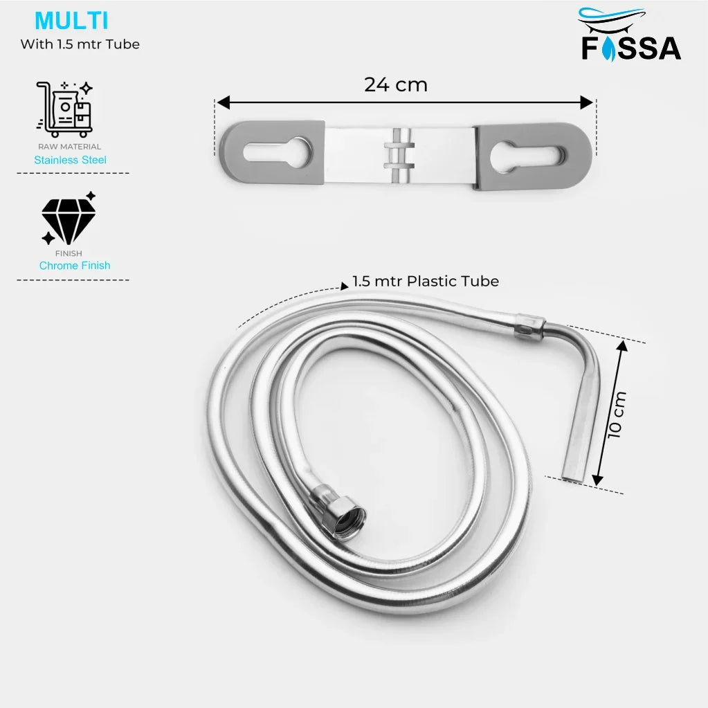 Fossa Stainless Steel Multi Jet Spray with Heavy PVC Hose Pipe 1.5 Mtr for Toilet | Built-in Installation Type Toilet Seat/Commode Spray - Rust-Free, Durable - Fossa Home 