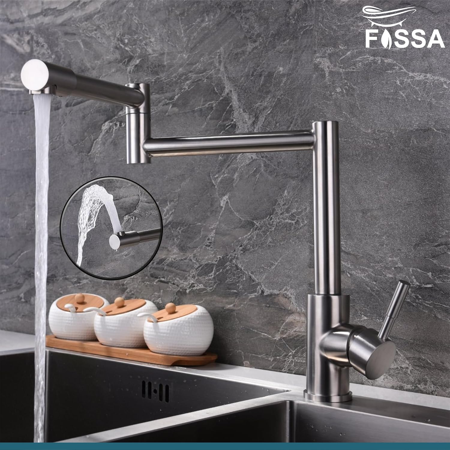 Fossa Kitchen Sink Mixer Tap, Single Handle Stainless Steel 360° Swivel Kitchen Sink Tap, Commercial Modern Brushed Nickel Kitchen Sink Faucet with Flexible Spout Zig Zag Faucet , - Fossa Home 