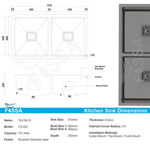 Fossa 32"x18"x10" Inch Double Bowl Premium Stainless Steel Handmade Kitchen Sink Black Fossa Home