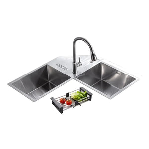 Fossa Corner Sink 36"x36"x10" Double Bowl With Drain Board SS-304 grade Handmade Kitchen Sink Fossa Home
