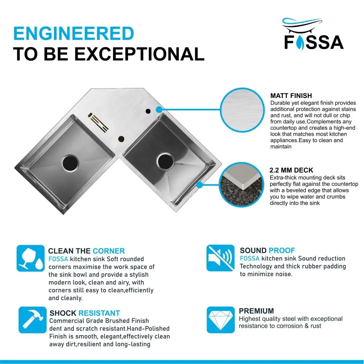 Fossa Corner Sink 36"x36"x10" Double Bowl With Drain Board SS-304 grade Handmade Kitchen Sink Fossa Home