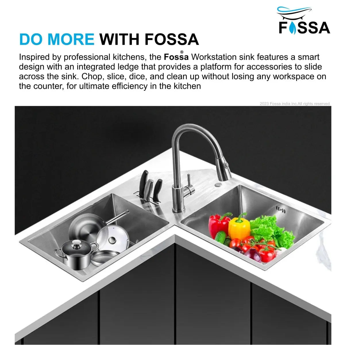 Fossa Corner Sink 36"x36"x10" Double Bowl With Drain Board SS-304 grade Handmade Kitchen Sink Fossa Home