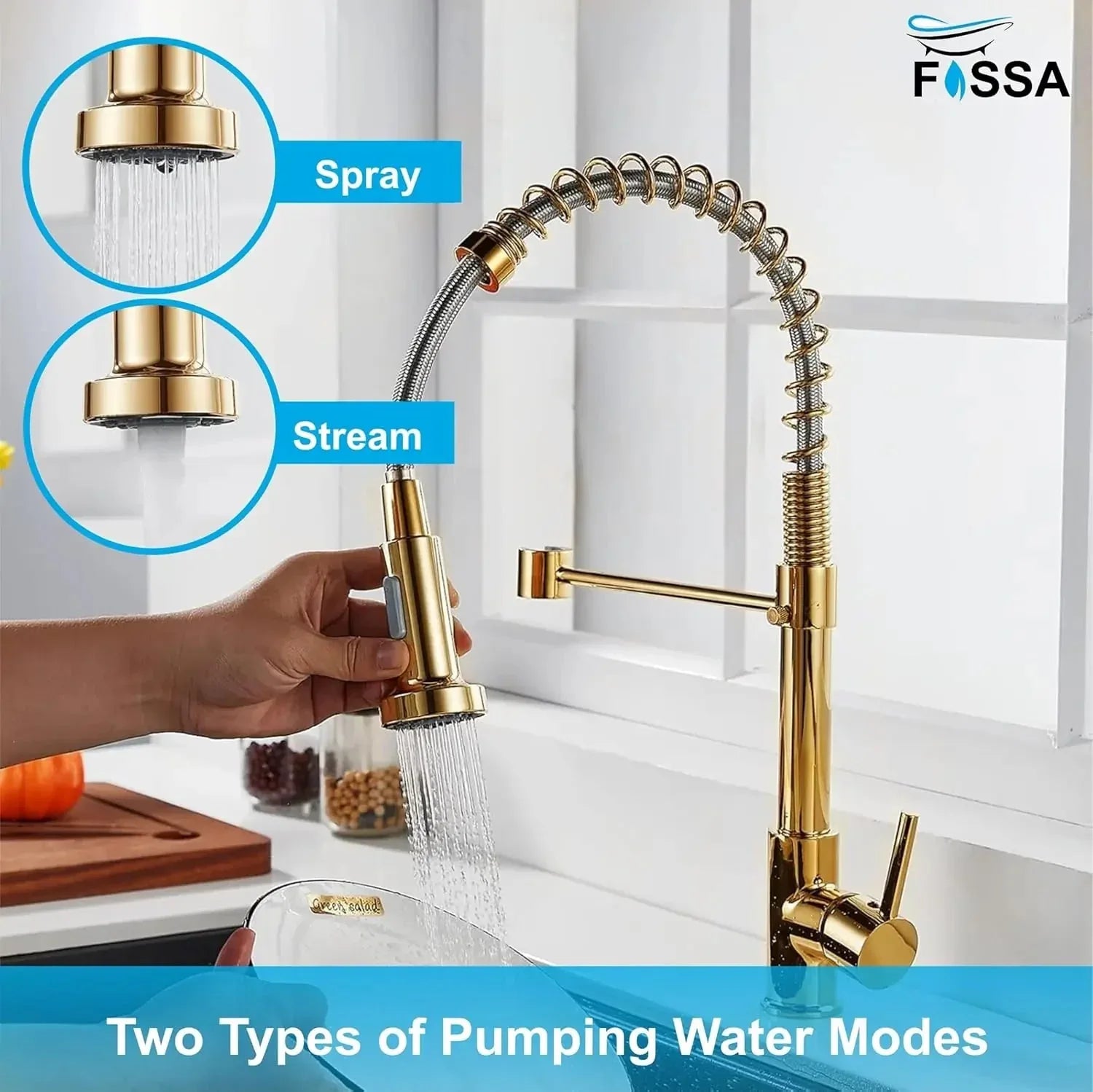 Spring Kitchen Sink Mixer Tap with Pull-Down Sprayer 360° Swivel Hot & Cold Gold Finish - Fossa Home 