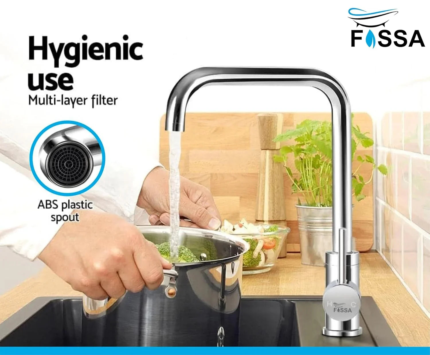 Fossa L Bend Faucet Kitchen Tap, 360° Sink Mixer Taps Spray Head Rotating Faucet Water Aerator for Home Bathroom Laundry, Body Hot and Cold Switch (Chrome Finish) - Fossa Home