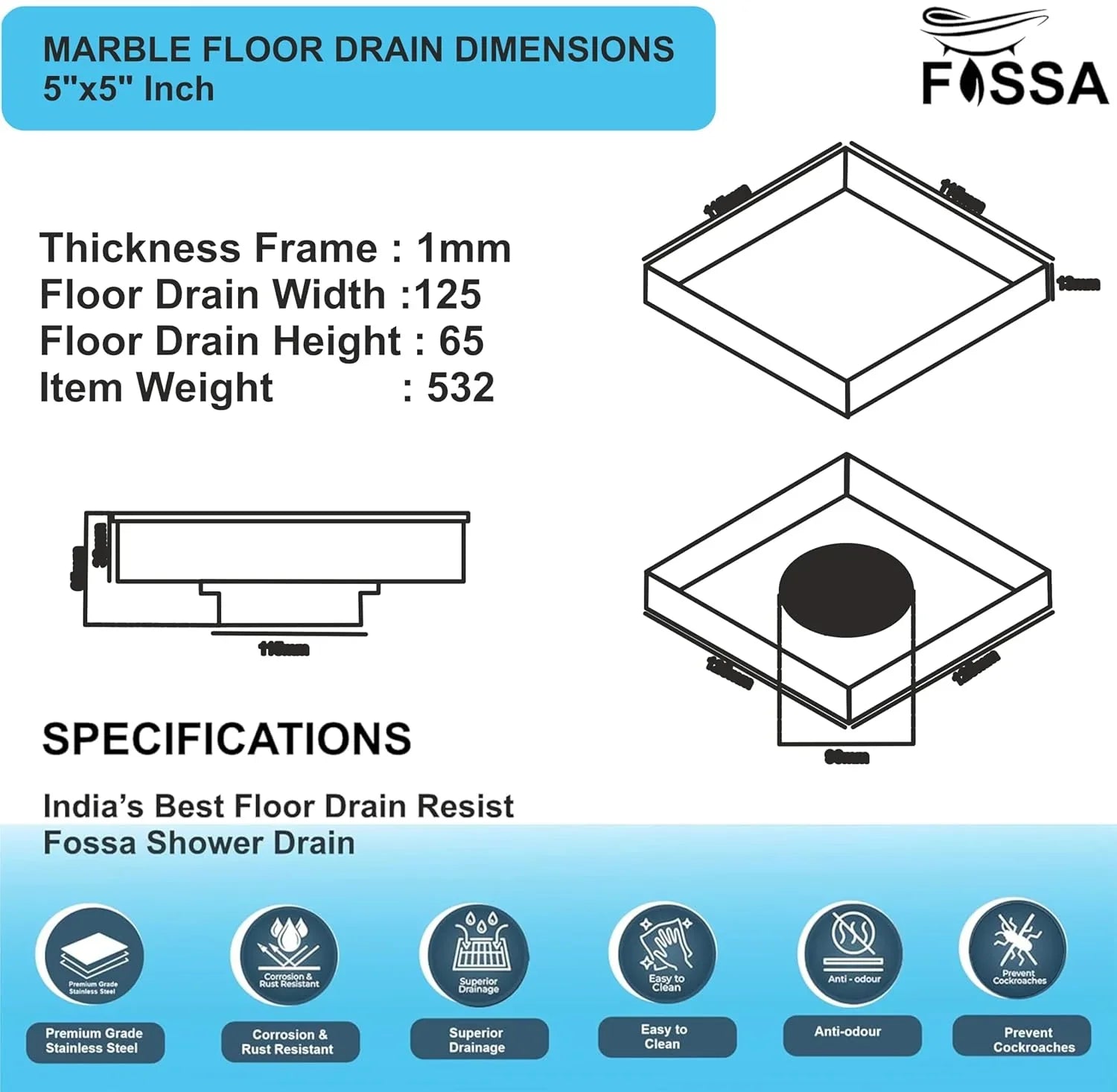 Fossa Marble 5"X5" Inch Square Floor Drain, 304 Grade Stainless Steel, for Bathroom Grating Square Floor Drain Jali, (Matte Finish) - Fossa Home