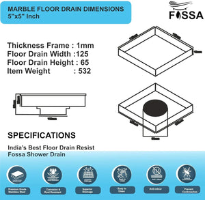 Marble Floor Drain (5 x 5 Inches) 304-Grade Stainlees Steel - Fossa Home 