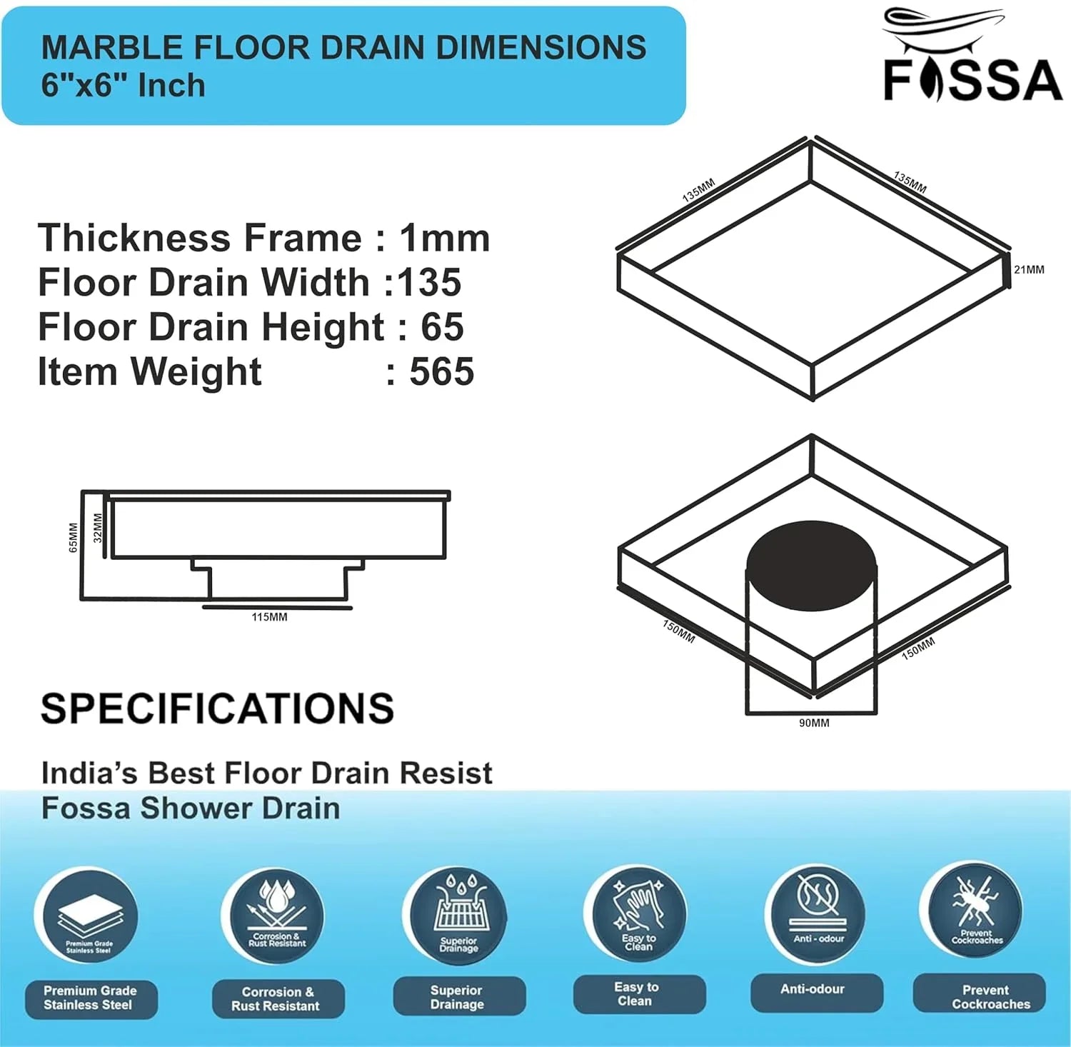 Fossa Marble 6"x6" Inch Square Floor Drain, 304 Grade Stainless Steel, for Bathroom Grating Square Floor Drain Jali, (Matte Finish) - Fossa Home