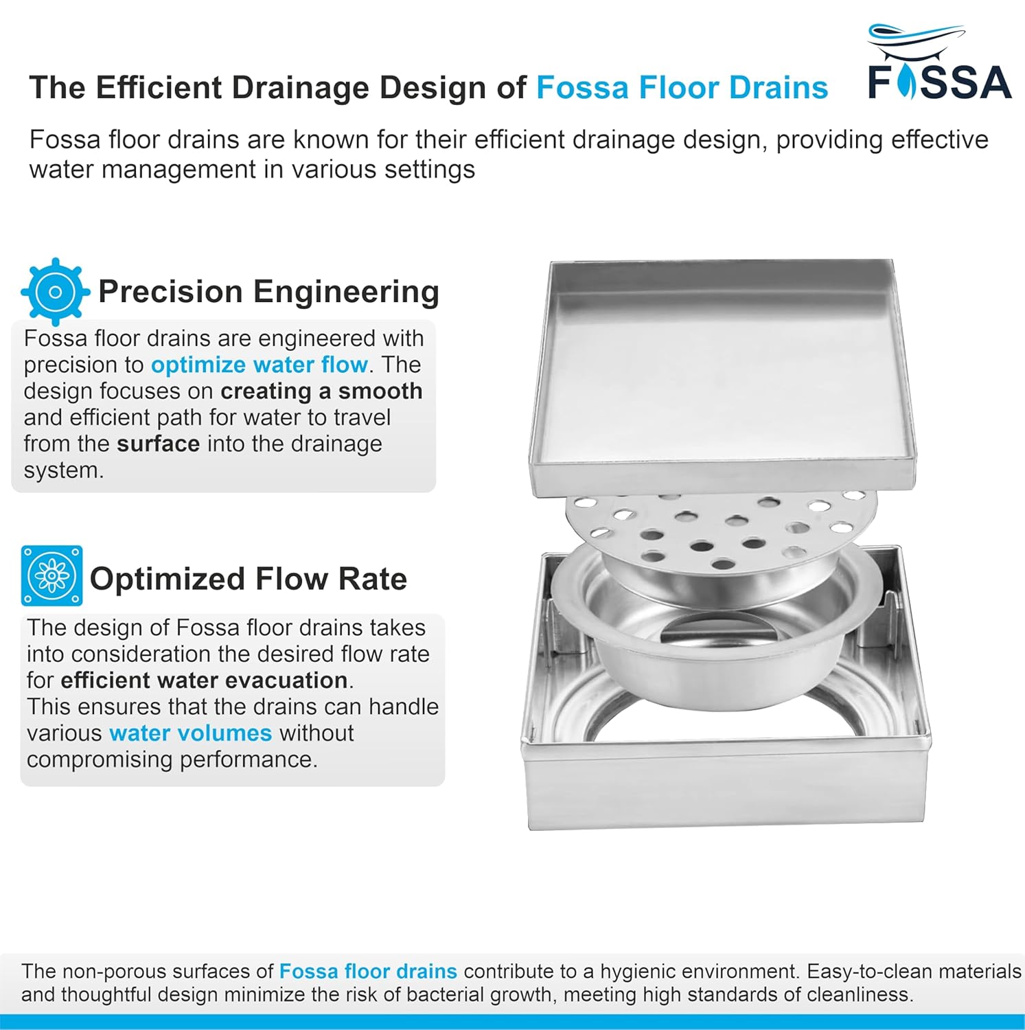 Fossa Marble 6"x6" Inch Square Floor Drain, 304 Grade Stainless Steel, for Bathroom Grating Square Floor Drain Jali, (Matte Finish) - Fossa Home