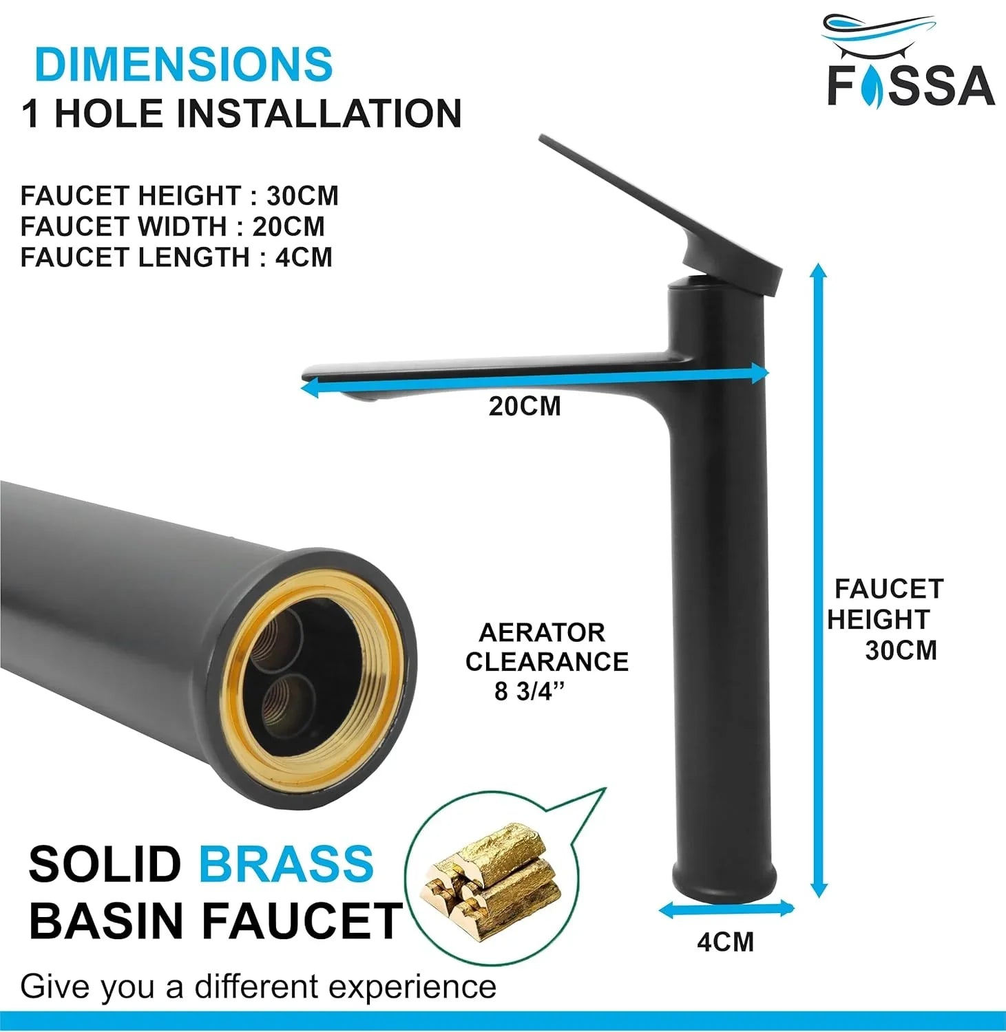 Fossa Opera Extended Body Brass Bathroom Sink Wash Basin Mixer Tap Single Handle Hot & Cold Lavatory Sink Faucet for Living Room & Bathrooms (Black) - Fossa Home