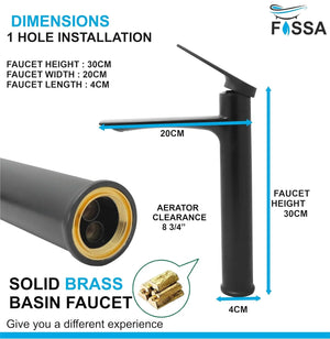 Fossa Opera Extended Body Brass Bathroom Sink Wash Basin Mixer Tap Single Handle Hot & Cold Lavatory Sink Faucet for Living Room & Bathrooms (Black) - Fossa Home