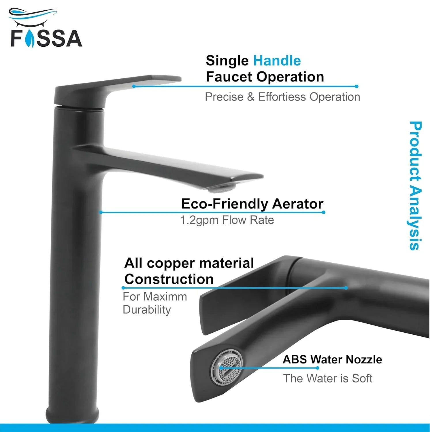 Fossa Opera Extended Body Brass Bathroom Sink Wash Basin Mixer Tap Single Handle Hot & Cold Lavatory Sink Faucet for Living Room & Bathrooms (Black) - Fossa Home