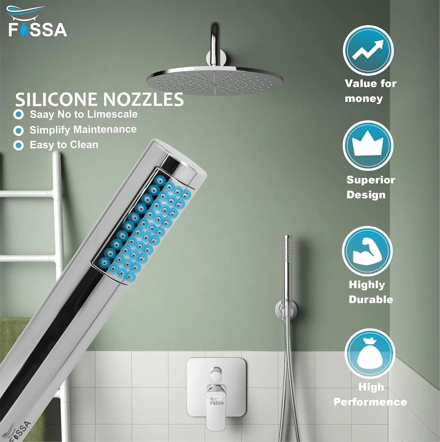 Fossa Peak Handheld Shower Head with Holder and 1.5 Mtr Shower Hose Hand Held Showerhead High Pressure Water Saving Hand Shower Head ABS, 2 Water Outlet Mode (Only Shower) - Fossa Home