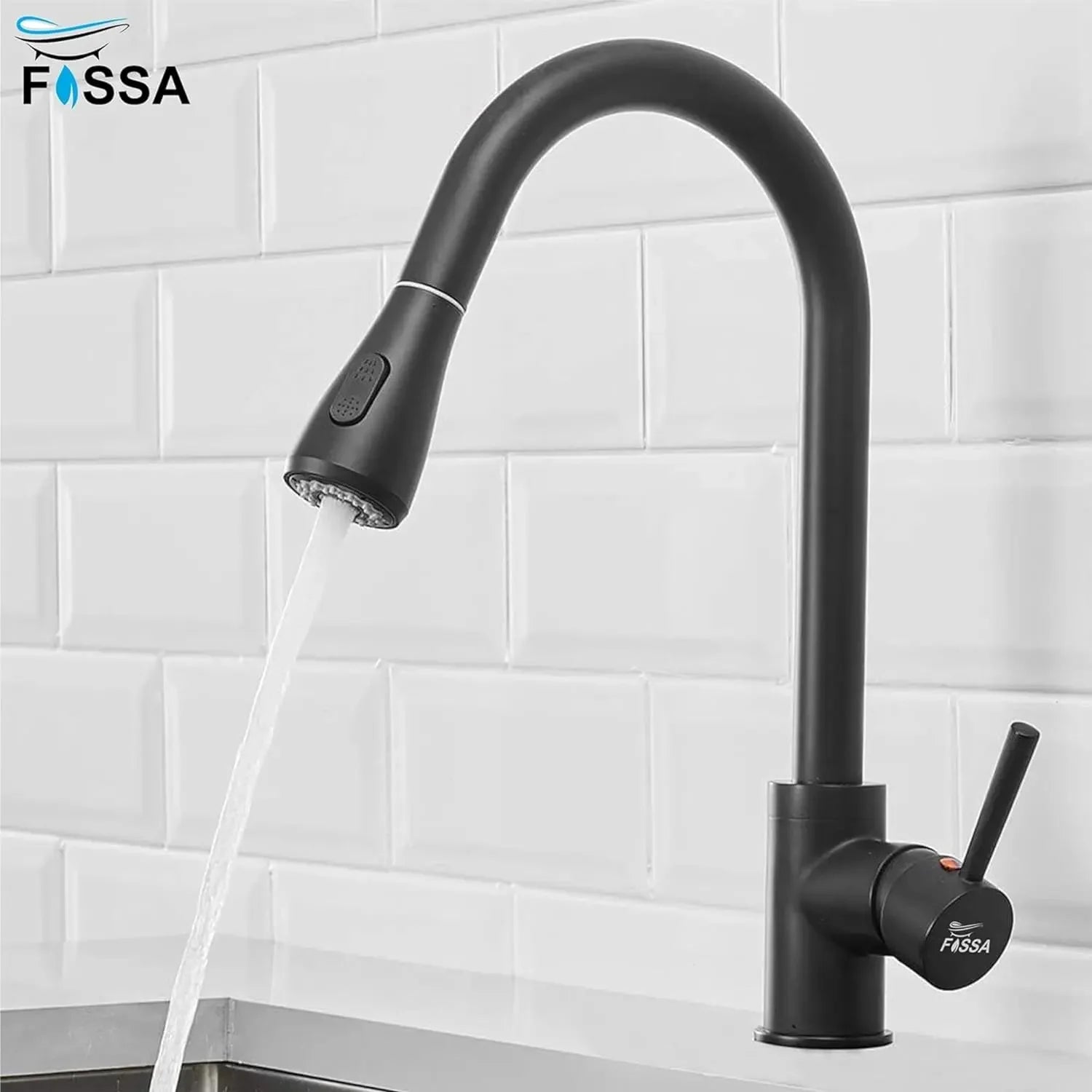 Fossa Kitchen Sink Mixer Tap with Pull Down Sprayer, Single Handle High Pull Out Kitchen Taps, Single Level Stainless Steel Black ( Heavy Weight ) Fossa Home