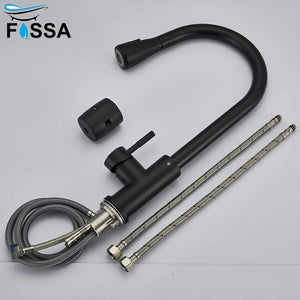 Fossa Kitchen Sink Mixer Tap with Pull Down Sprayer, Single Handle High Pull Out Kitchen Taps, Single Level Stainless Steel Black ( Heavy Weight ) Fossa Home